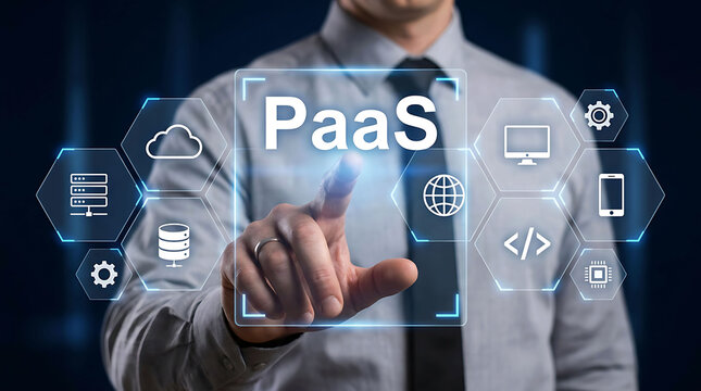 PaaS Platform as a Service Concept Businessman Touching Glowing Screen Interface