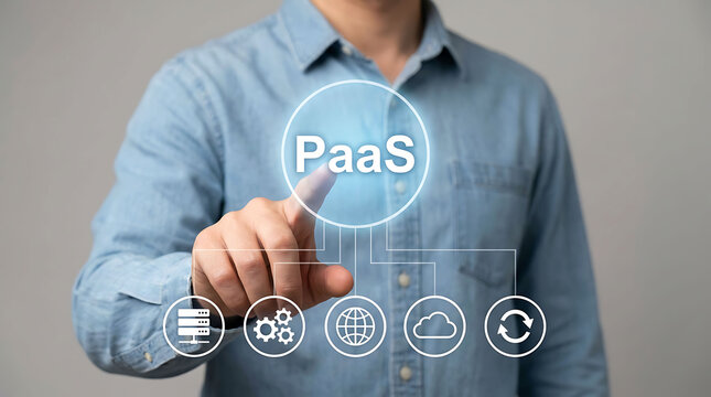 PaaS Platform as a Service Concept Man Touching Glowing Virtual Screen Interface