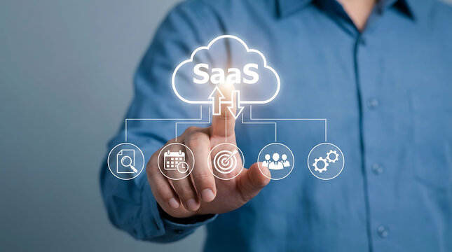 PaaS Platform as a Service Concept Man Touching Glowing Virtual Screen Interface