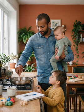 Father Cooking with the Baby on His Hip