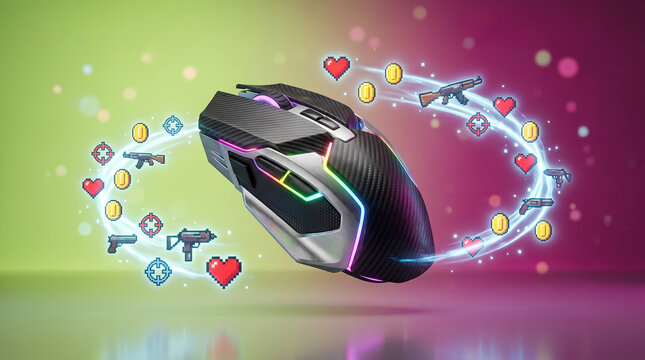 Modern gaming computer mouse with colorful led lights and floating digital icons of weapons hearts and coins