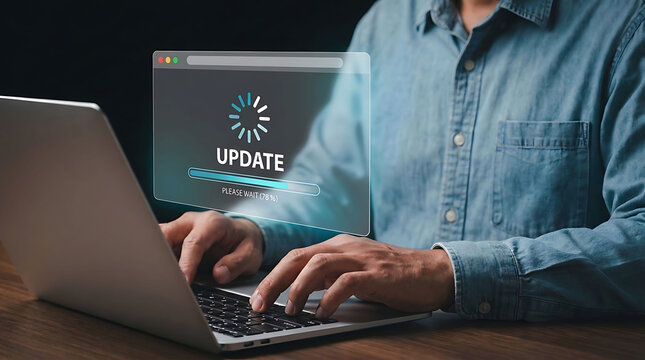 System Software Update Concept Man Typing Laptop Computer Progress Loading Screen