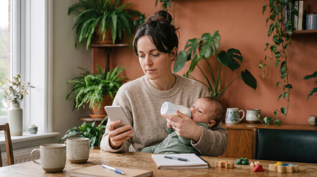 Mother bottle-feeding baby while using smartphone at home