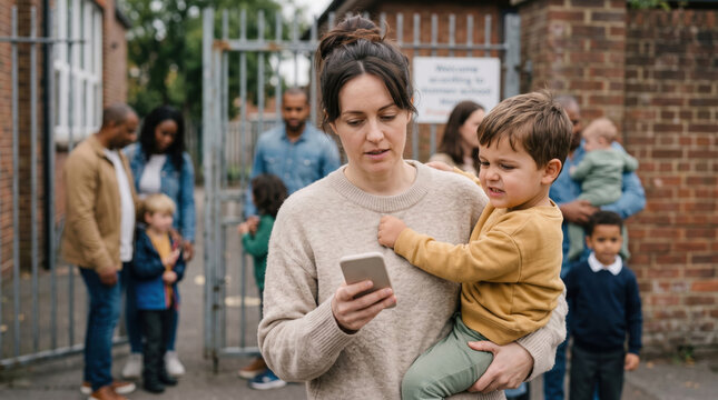 Mother check smartphone while hold son outside school