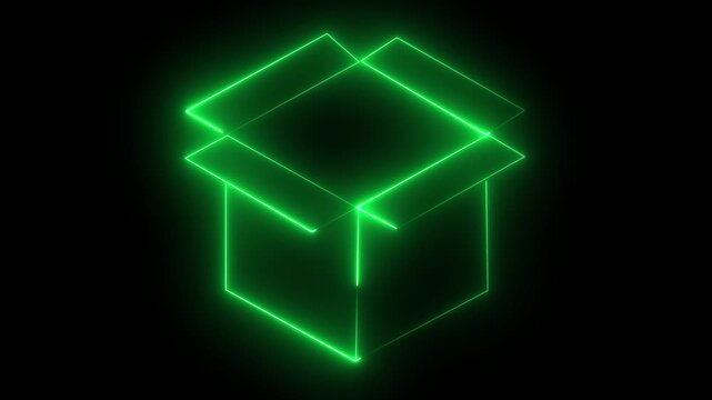 Animated grip black background 4k looping neon glow order picking thin aqua line icon.Transparent neon cube in space.
