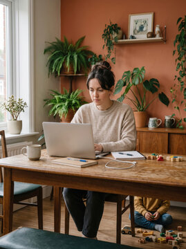 Mother work remotely on laptop in plant-filled home office