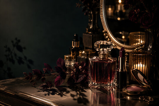 Crystal perfume bottle with cosmetics sits on a reflective surface