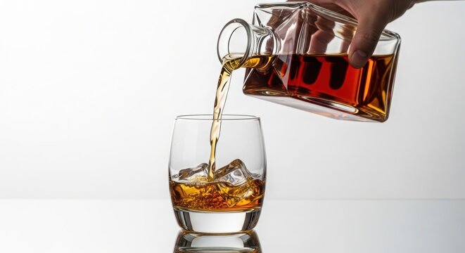 Whiskey is poured into a rocks glass with ice cubes