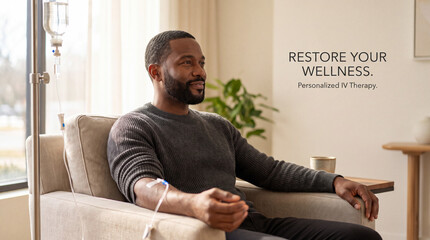 Fototapeta premium An adult man sits comfortably on a lounge chair receiving an intravenous infusion in a modern wellness clinic, health care procedure, healthy lifestyle, patient recovery.