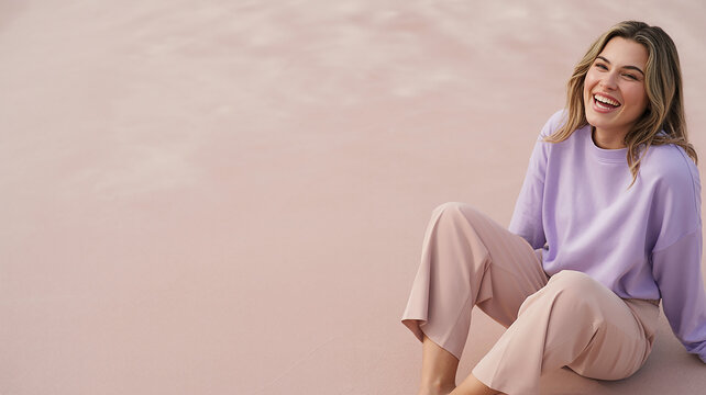 Joyful Woman Relaxing: A young woman with a radiant smile and loose-fitting clothes sits relaxed, exuding happiness and contentment in a tranquil outdoor setting with a soft, pastel-hued environment.