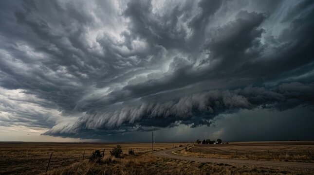 Dramatic storm clouds are rolling across a wide open landscape at