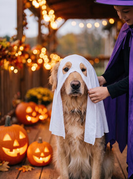 Golden retriever in ghost costume for halloween celebration