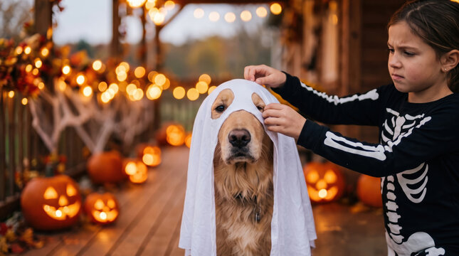 Child dress golden retriever as ghost for Halloween