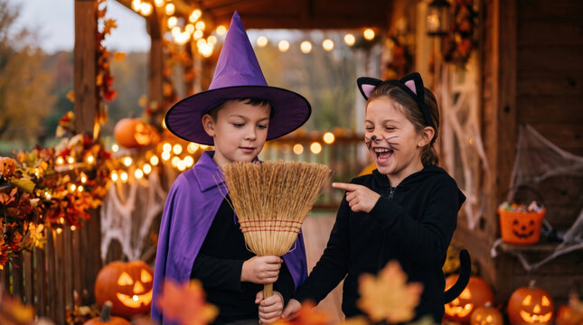 Children in witch and cat costumes with Halloween broom