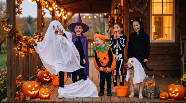 Children in Halloween costume with dog and pumpkins