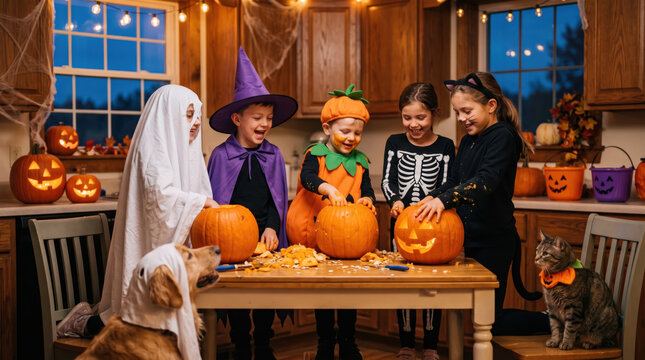 Children carve pumpkins in Halloween costumes at home