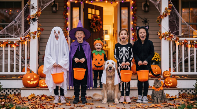 Children and dog in Halloween costume on decorated porch