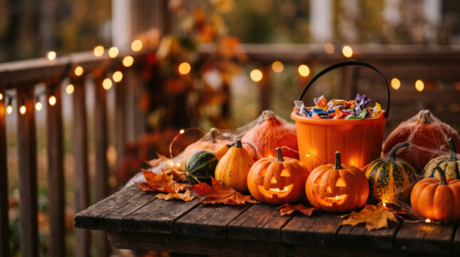Halloween pumpkin display with candy bucket and string lights