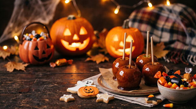 Halloween caramel apple and jack-o-lantern festive display