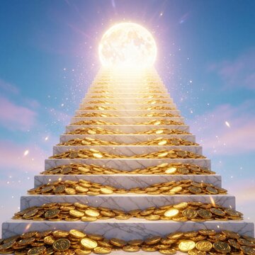 Marble stairs covered in gold coins ascend towards bright celestial light. Sky filled with soft clouds and sparkling dust. Represents financial success, journey to wealth and bright future.