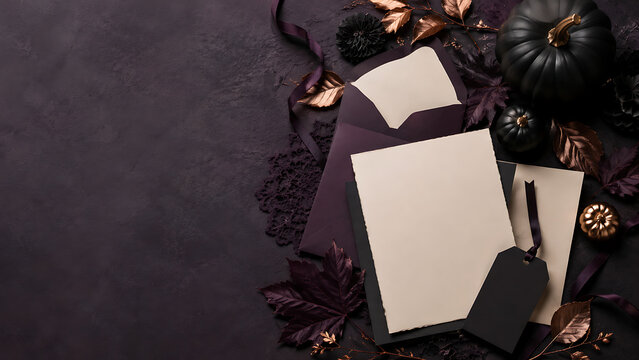Dark pumpkins envelopes and maple leaves on a textured purple background