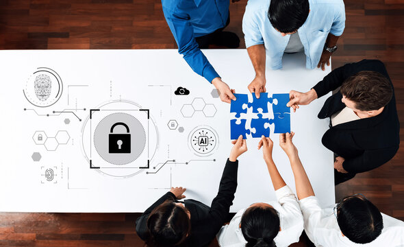 A diverse team of professionals collaborates to solve a puzzle, symbolizing the intersection of security and technology. Focus on innovation and teamwork for real-world solutions. Trope