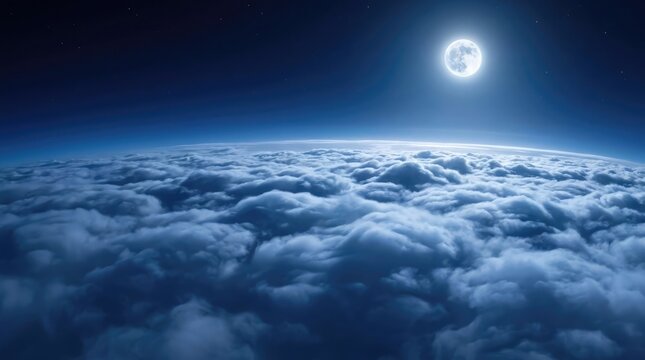 Night view from high above the clouds with a bright shining