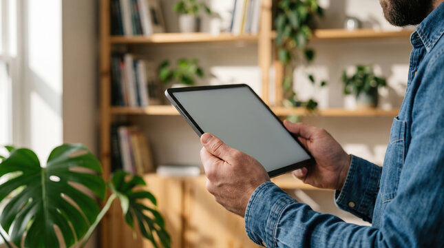 Man use tablet at home with blank screen and copy space