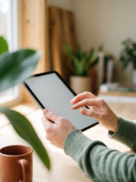 Person use tablet at home with blank screen