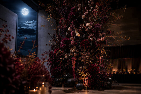 Floral arrangement with pumpkins and a full moon in a darkened room