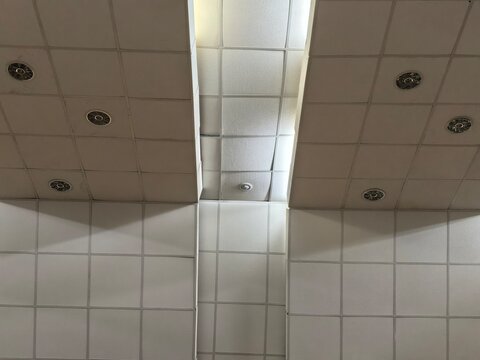 Suspended ceiling with fluorescent skylight panels and recessed ventilation fixtures in an institutional interior. Commercial architecture and building infrastructure concept.