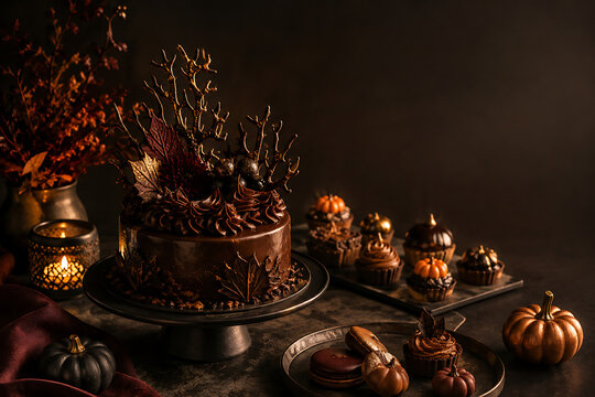 Chocolate cake decorated with autumn foliage and pumpkins moody still life
