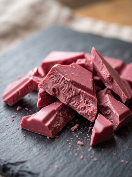 Broken chunks of ruby pink chocolate lying on dark slate board