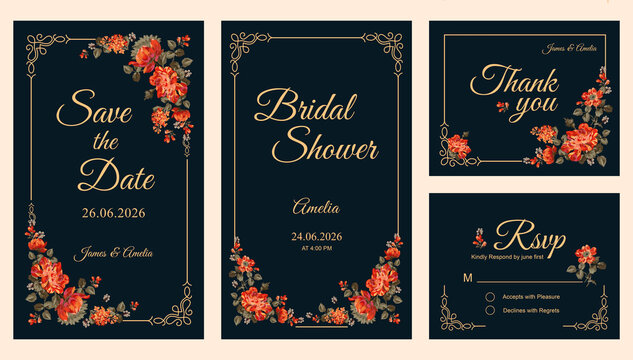 Elegant Floral Wedding Invitation, save the date, bridal shower, thank you, rsvp card Design template. 