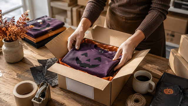 Person unpacking a cardboard box filled with halloween themed t shirts