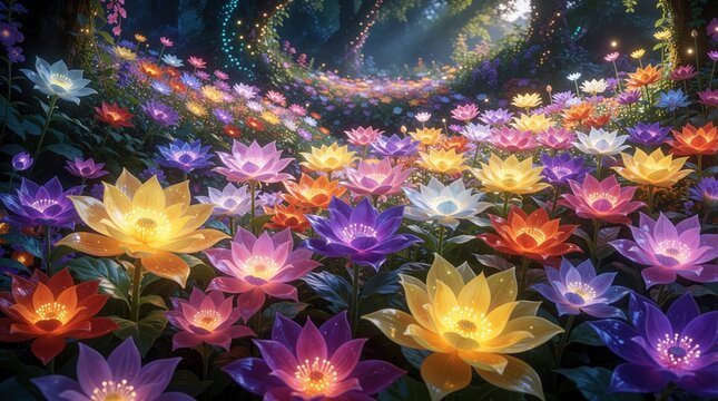 Illuminated lotuses bloom in diverse colors across a magical garden path. Luminous petals glow brightly creating an enchanting and whimsical natural scene.