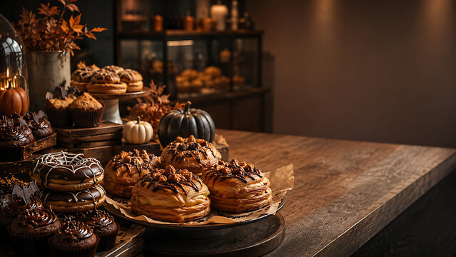 Assorted pastries and pumpkins decorate a bakery counter display