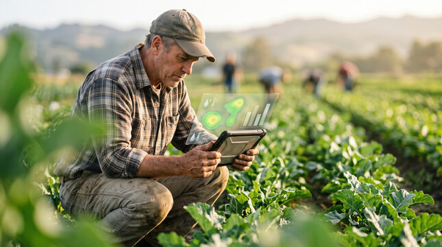 Farmer check crop data on tablet in agricultural field