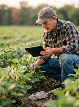 Farmer check crop data on tablet in field