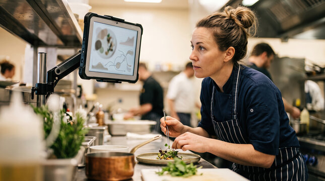 Chef consults tablet screen while plating gourmet dish