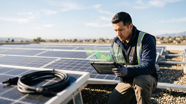 Solar technician inspecting panels with tablet at rooftop site
