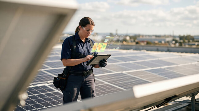 Solar technician checking panels with tablet at rooftop site