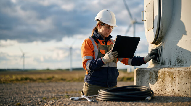 Engineer inspect wind turbine with AI tablet technology