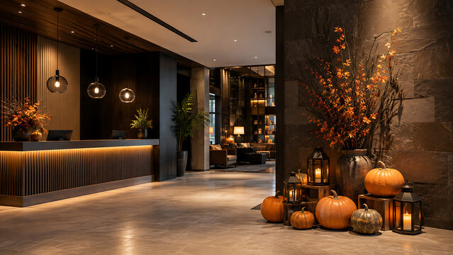 Hotel lobby interior features autumn foliage and seasonal pumpkin decorations