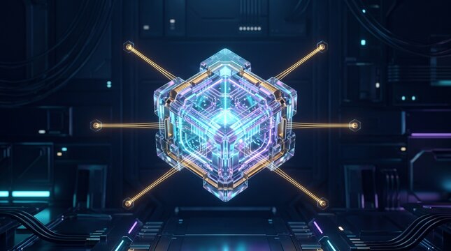 Futuristic quantum computing core glowing with neon data streams in high-tech lab environment