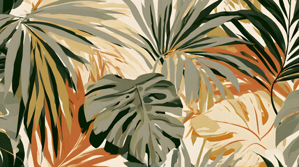 Fototapeta premium This retro mural wallpaper photo includes a lush tropical forest with elegant leaves, set against an antique background graphic art card print, perfect for decorating interiors