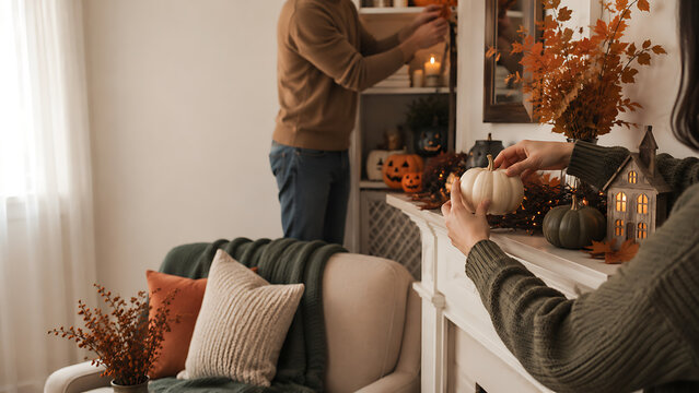 Autumnal mantelpiece display with pumpkins and seasonal decorations in a home interior
