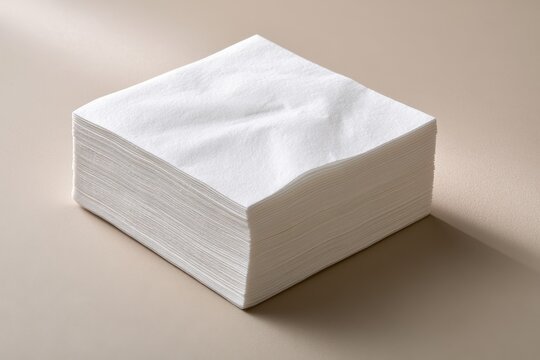 A stack of folded white paper napkins sits on a beige surface with soft shadows. Perfect for hospitality and dining service concept advertisements.