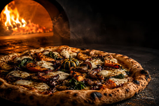 Gourmet pizza with autumn vegetables is baked in a traditional wood fired oven