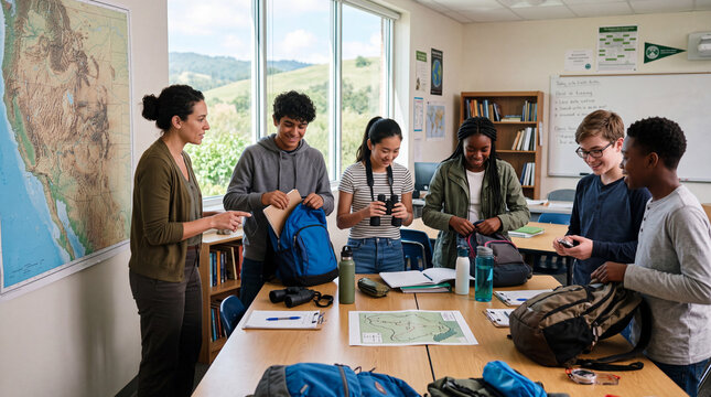 Students Preparing for Outdoor Field Trip with Maps and Exploration Equipment